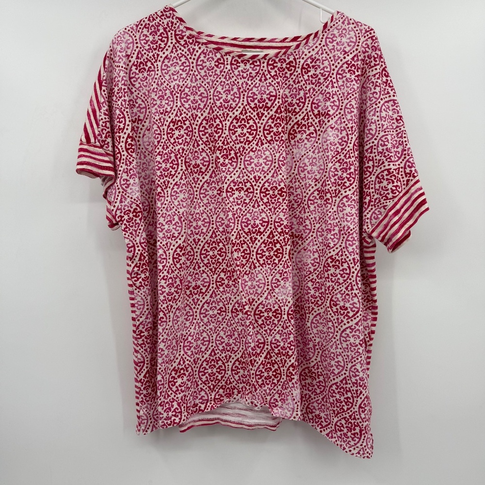 Chicos Top Women XXL Pink White Short Sleeve Tee Round Neck All Over Print